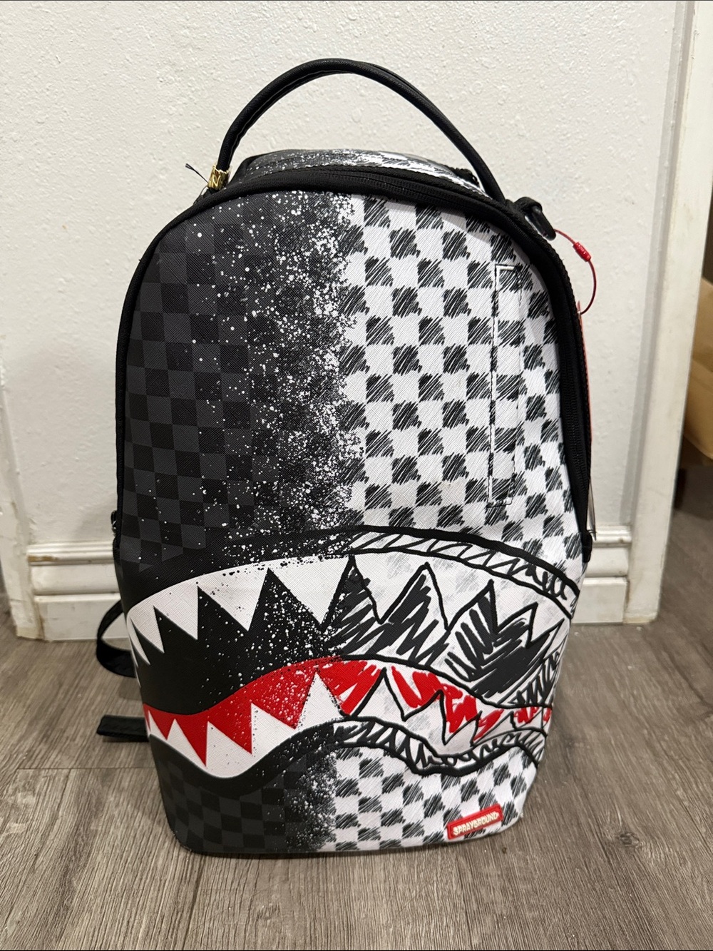 Sprayground Black White Graphic Shark Backpack with Red Accent